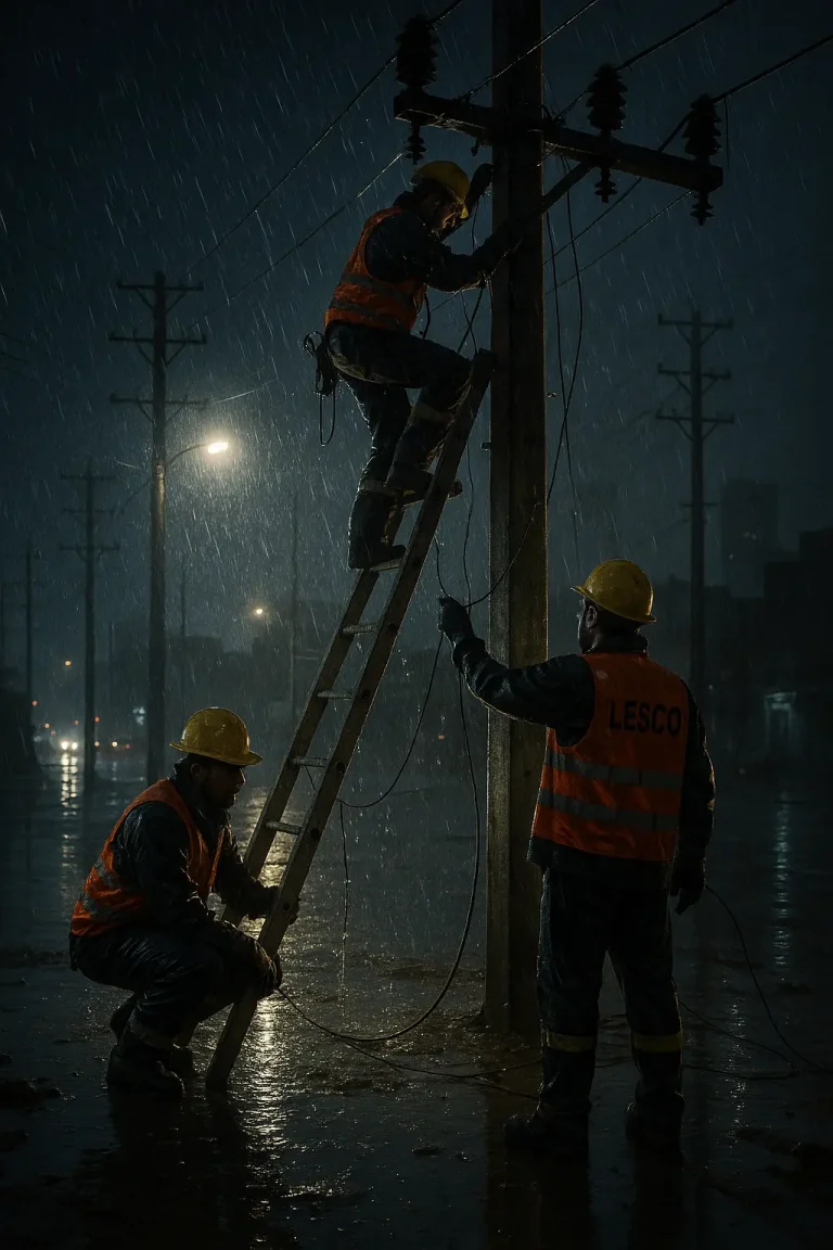 LESCO-Workers-Repairing-Power-Lines-During-Monsoon-Night-Operation-in-Lahore