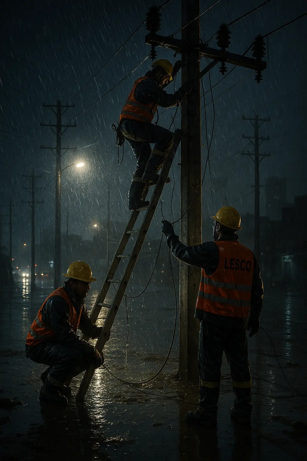 LESCO-Workers-Repairing-Power-Lines-During-Monsoon-Night-Operation-in-Lahore